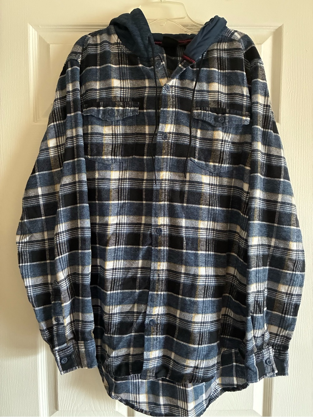 burnside Blue and Black Plaid Button-Down Shirt with Hood